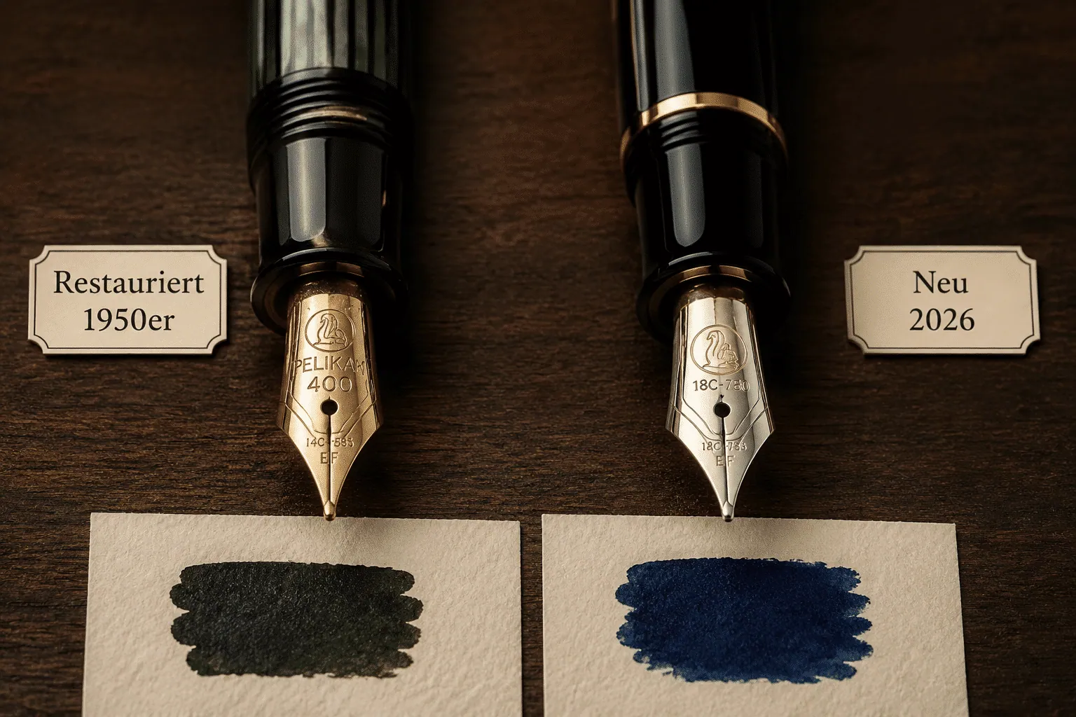 Close-up comparison photograph () showing a restored Pelikan 400 fountain pen with gleaming gold nib beside a sleek modern